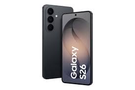 Zwart smartphone model Galaxy S26 met drie camera's en een groot scherm.