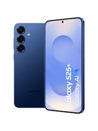 Blauwe smartphone met drie camera's en scherm dat "Galaxy S25+" toont.